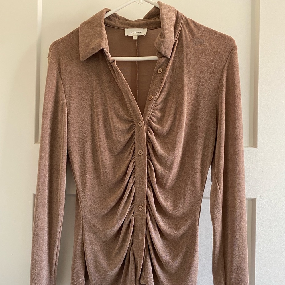 Bohme Brown Ruched Button Down Shirt